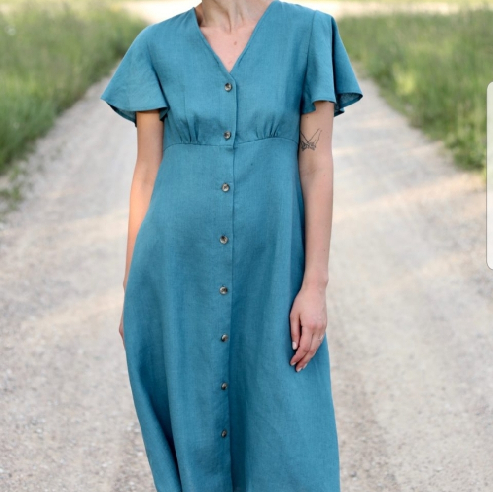OFFON Linen dress with frill sleeves in Light Turquoise, size XS